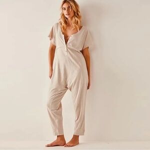 Free People Pillow Talk Henley Beige Romper - Size Large